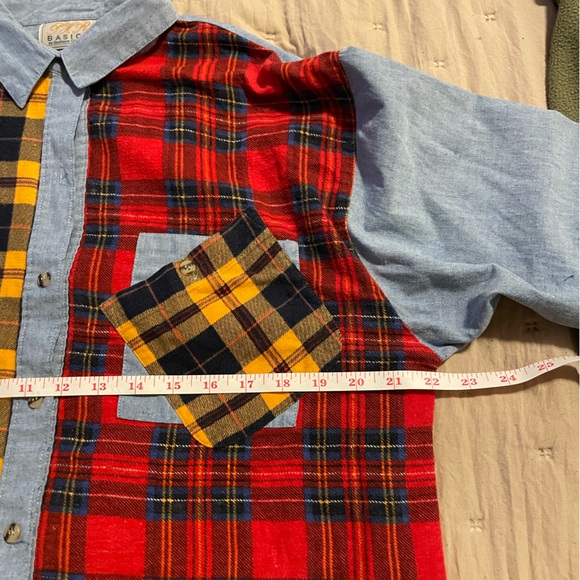 Colorful yellow orange red Plaid flannel on chambray blue Button Down Shirt M - Picture 5 of 5